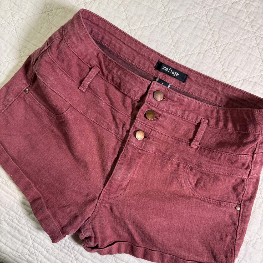 Refuge High Waist Button‎ Fly Burgundy Denim Shorts Size 6 Wine Red Cuffed Hem